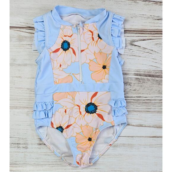 Shein Floral Print Flutter Sleeve Zip Front Baby Blue Swimsuit sz 5T - Picture 1 of 4